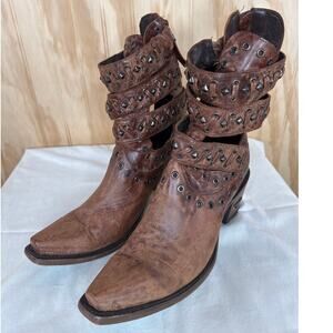 Lane Studded Leather Ankle Boots 9.5 Brown Western Cowgirl Strappy Booties
